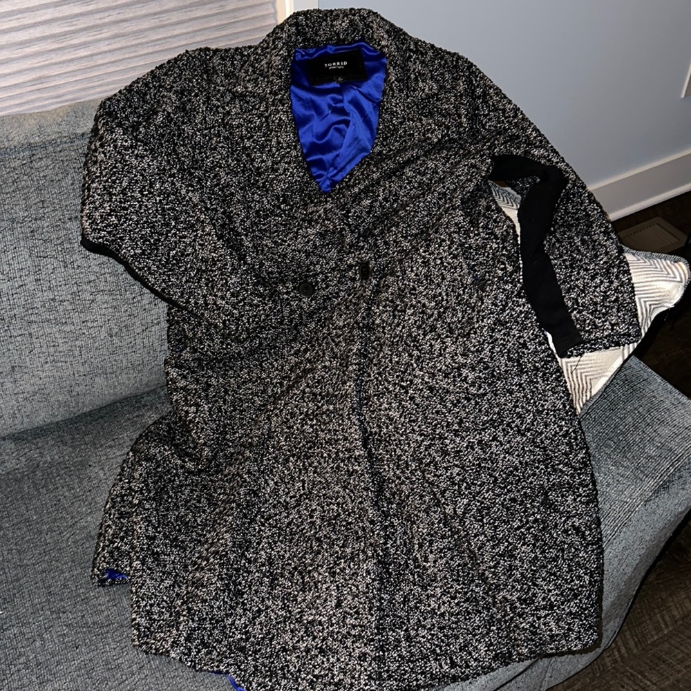 torrid Black & White Speckled Pea Coat with Blue Lining